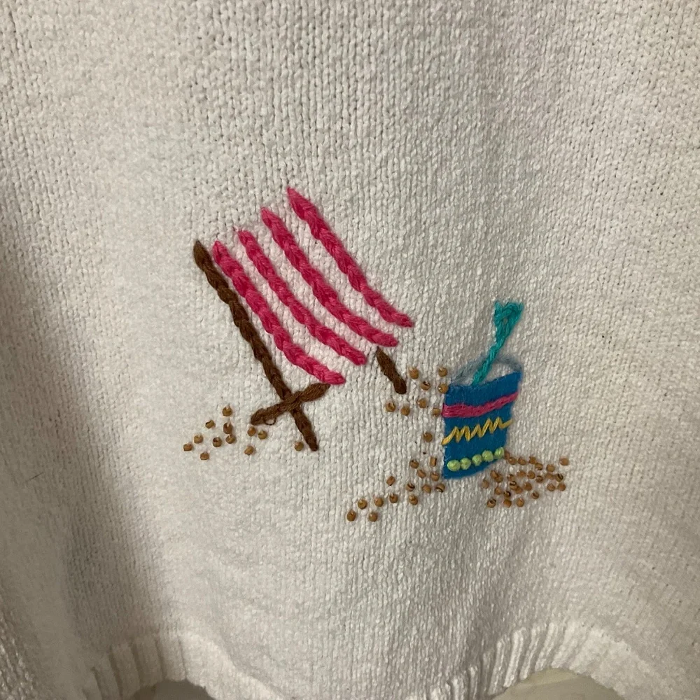 White Women's Beach Motif Button-Up Sweater Cardigan - Picture 7 of 9